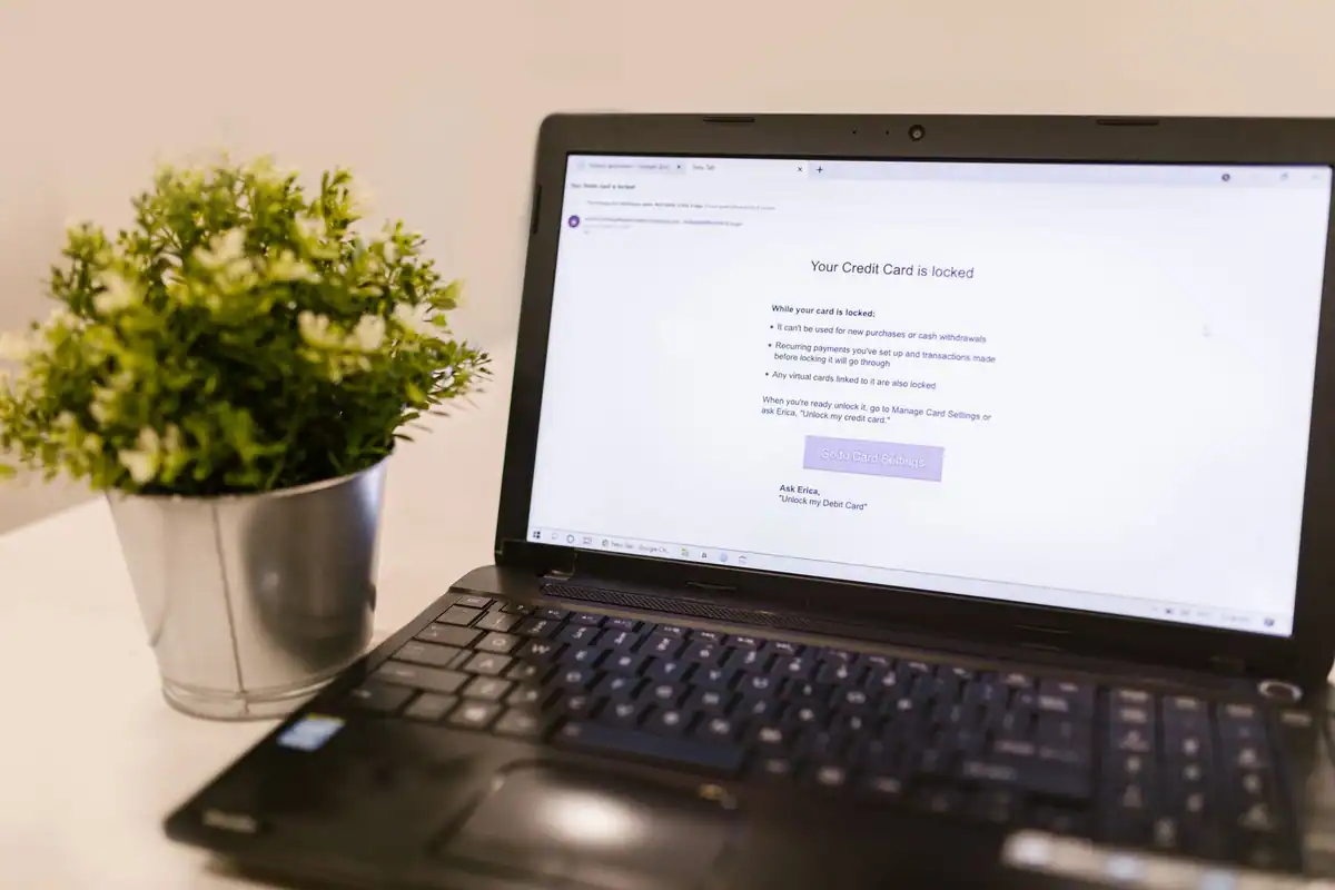 Laptop cu o notificare de securitate a cardului, lângă o plantă